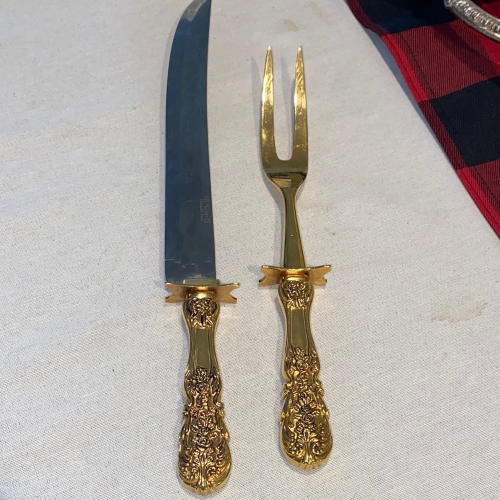 vintage F.B. Rogers "French Rose" 2pc carving set featuring gold-plated handles